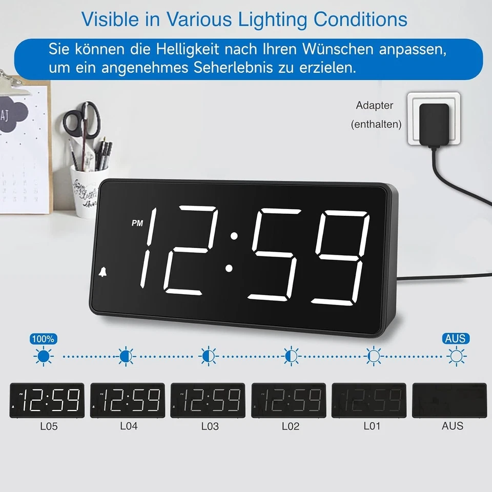 Digital Wecker Kabelgebunden große Zahlen LED Snooze 12/24 Std. Modus C603 - Bild 3 von 4