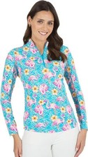NWT IBKUL PENNY TURQUOISE FLAMINGO Long Sleeve Mock Golf Shirt XS S M L  XL