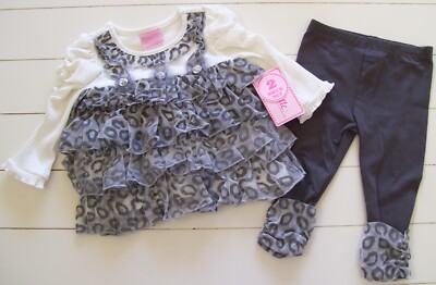 Girls Nannette 2 Pc Ivory Gray Leopard LS Tiered Top and Leggings Outfit 12M