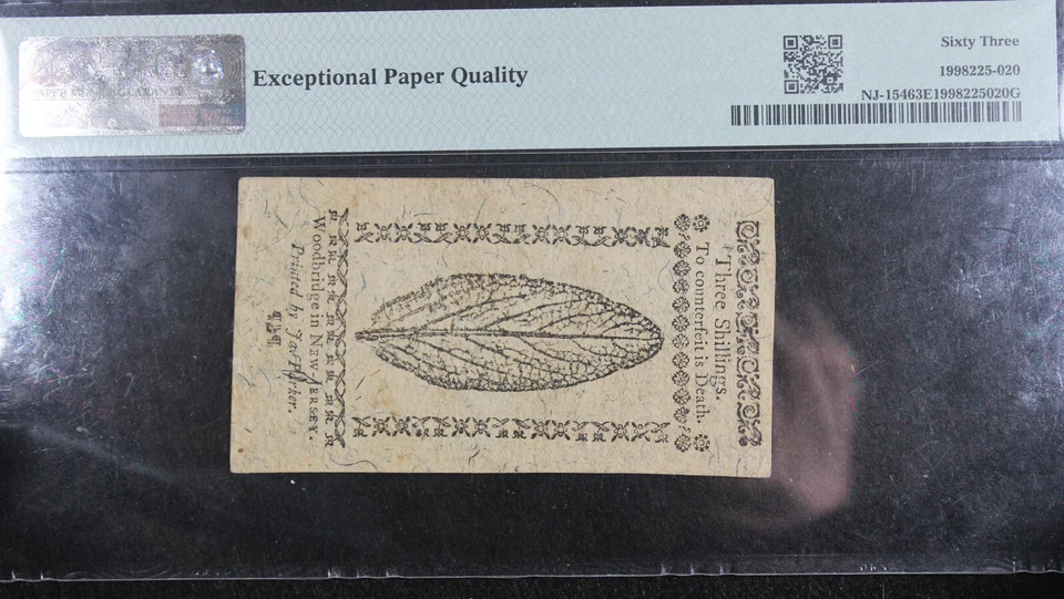 1763 CU63 New Jersey Colonial Note 3 Shillings, PMG, SN 2928 - Image 4 of 4