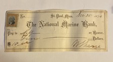 Vintage 1874 National Marine Bank $10 Check ~ St. Paul Minnesota