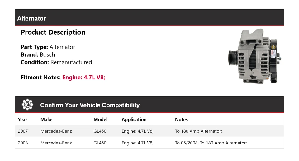 For 2007-2008 Mercedes GL450 4.7L V8 Bosch Alternator (Remanufactured) - Image 2 of 4