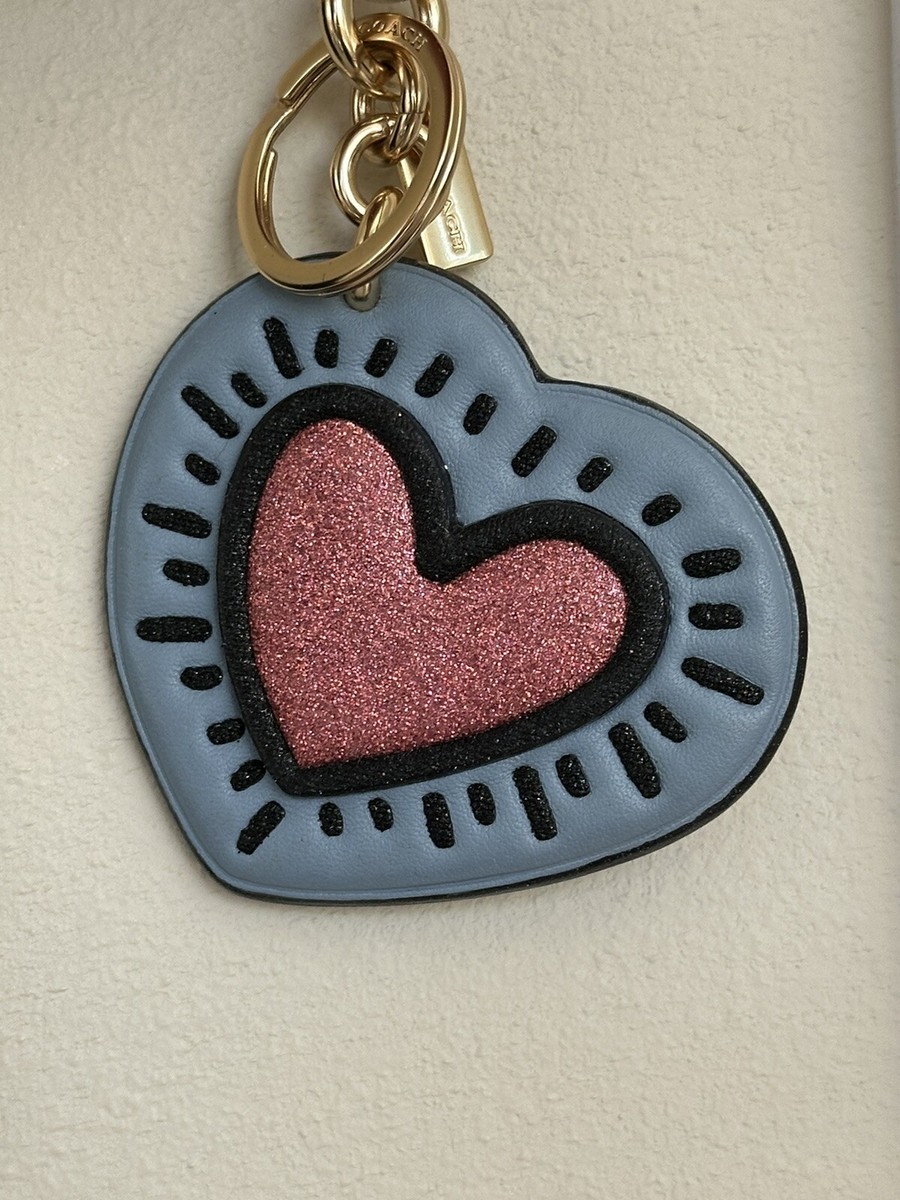 NEW COACH X KEITH HARING BLUE/PINK GLITTER HEART BAG CHARM