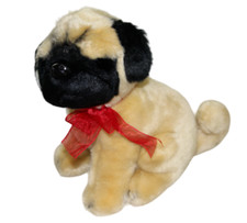 Russ Berrie Pug Puppy Dog Plush Stuffed Animal Toy Red Bow Ribbon Sitting 8" HTF