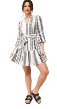 3/4 Sleeve Woven Tie Waist Jacquard Beach Mini Dress - Ecru Stripe UK 14