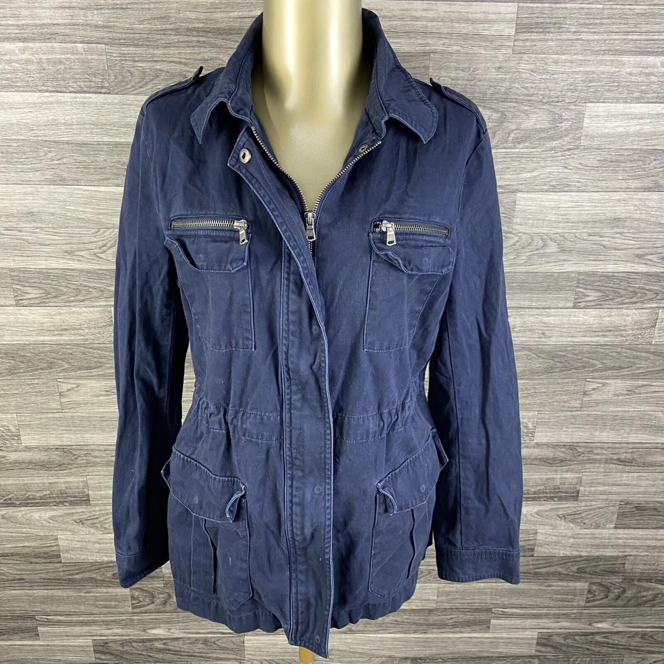 Jaqueta militar feminina FOREVER 21 com zíper completo e encaixe gráfico nas costas azul tamanho G - Imagem 2 de 4