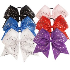 New 6 pc - 7.5" Silver Foil Polka Dot Cheer Bow w Hair Elastic