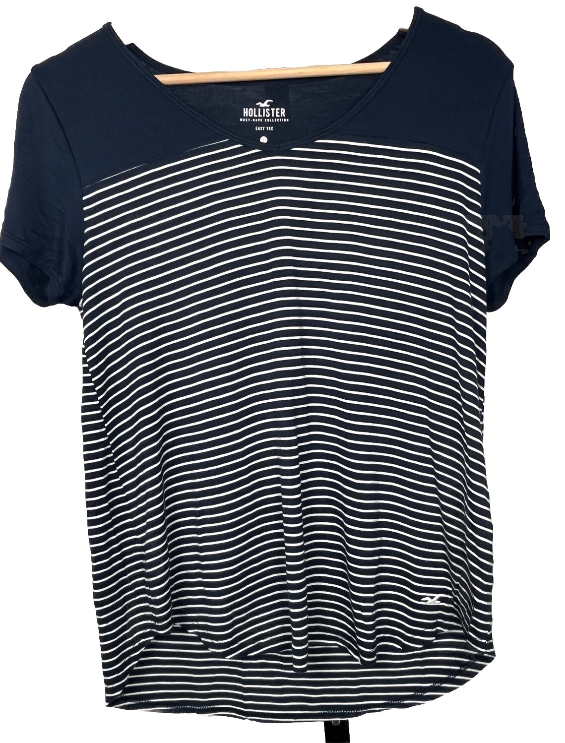 Hollister Top Easy Tee Short Sleeve Hi Lo V Neck Blue White Stripe Shirt Small