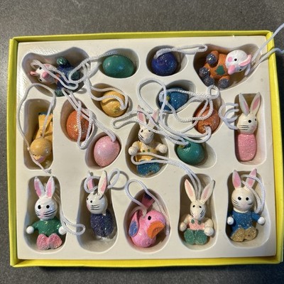 Vintage Easter Ornaments 18 Mini Eggs Rabbits Bunny Painted in Box Wooden Pastel