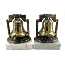 Vintage Park Sherman 1974 Brass Liberty Bell Bookends Marble Base