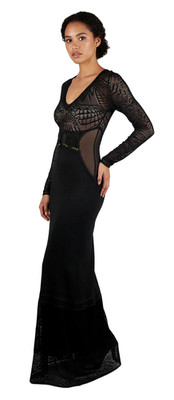 Roberto Cavalli Elegant Black Lace Maxi Dress with Fringe  44IT-10US