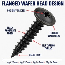 Black Phosphate Pozi Flanged Wafer Head Self Tapping Screws 4g 6g 8g 10g BS 4174