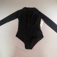 NWT Athleta Women's One Piece Rashguard Swimsuit Medium Black Long Sleeve Zip