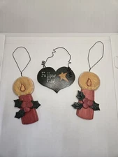 Primitive Rustic Christmas Ornaments Set: Follow His Star Heart & Pair of Candle