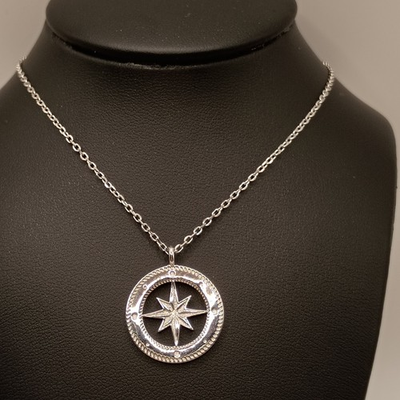 #ad Sterling Silver Compass North Star Medallion Necklace Celestial Nautical 17quot; $60.80
