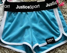 NWT Justice Sport Girl Blue Mesh Dolphin Short Elastic Waist Logo Size S 7/8 