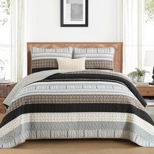 Djy Striped Quilt Set King Size Brown Boho Bedspread Set 3 Pieces Patchwork