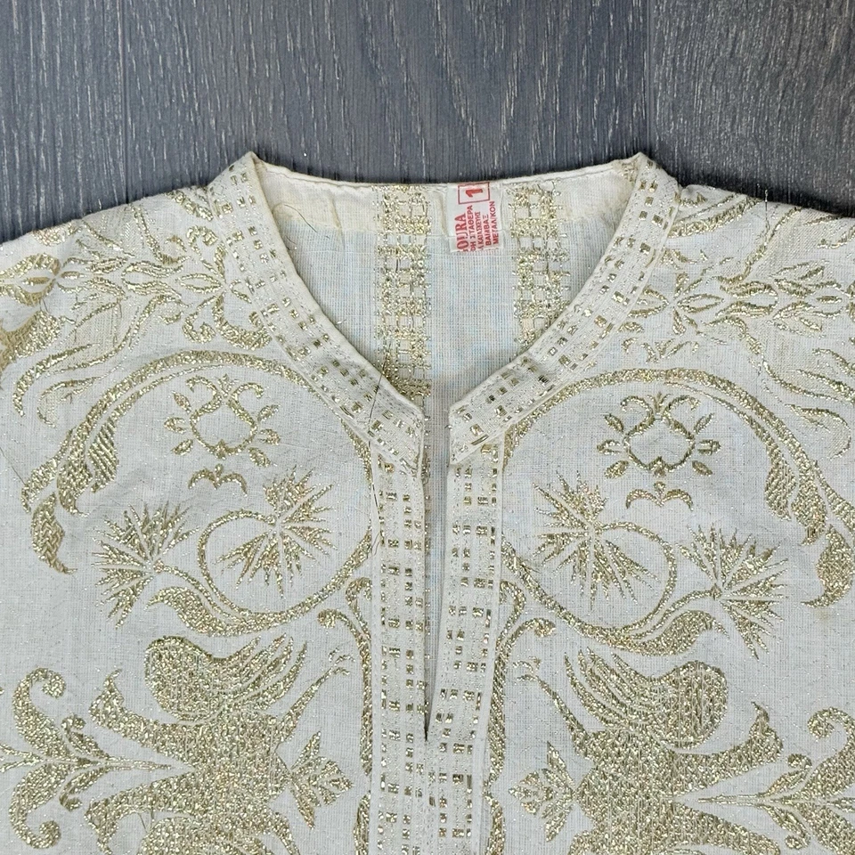 Vintage M. DE. SIGOURA cotton Linen gold Embroidered kaftan made in Greece - Image 2 of 4