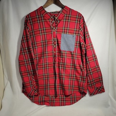 Tommy Hilfiger red plaid w gold buttons mock neck women XL NWoT Hi-Lo