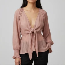 FLAWLESS MAUVE PINK LONG SLEEVE TIE FRONT V-NECK PEASANT BLOUSE WOMENS SZ SMALL
