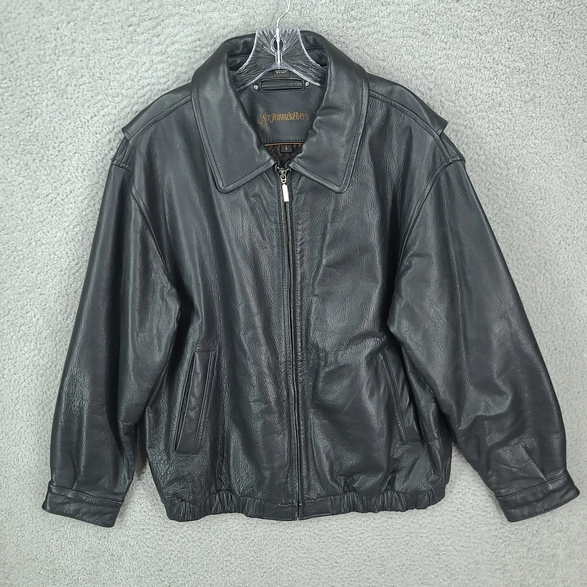 ジャケット・アウター ST.JOHN'S BAY Leather Jacket Vintage St.John's Bay Men's Black Motorcycle Leather Jacket Size