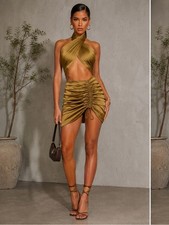PrettyLittleThing Olive Satin Halter Cut Out Ruched Mini Dress NWT Size 2
