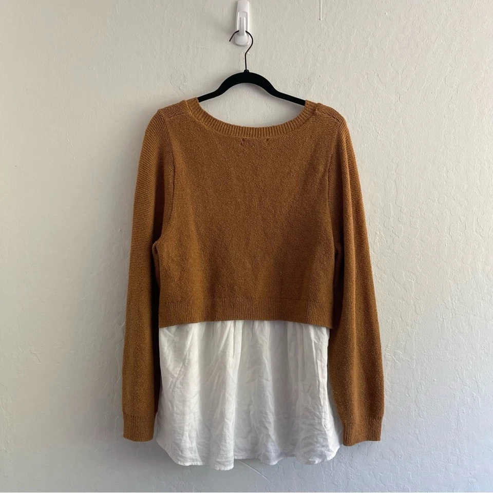 Suéter Anthropologie Twofer Marrón Blanco Manga Larga Top Mujer Talla Grande 1X Foto 2 de 4