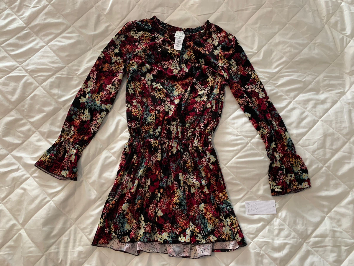 Robe Velours à Manches Ballon Ella Moss - Imprimé Floral Noir Et Rose, Taille 7 Fille, Occasion Très Bon état