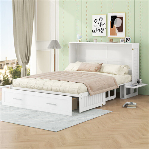 Queen Size Mobile Murphy Bed with Drawer and Little Shelves on Each Side,White - Picture 13 of 14