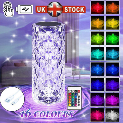 16 Colour LED Crystal Table Lamp Diamond Rose Night Light Touch Remote  USB UK