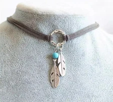 Soft Leather GRAY Choker Necklace w/ Feather Charms, Bohemian Boho Festival NEW