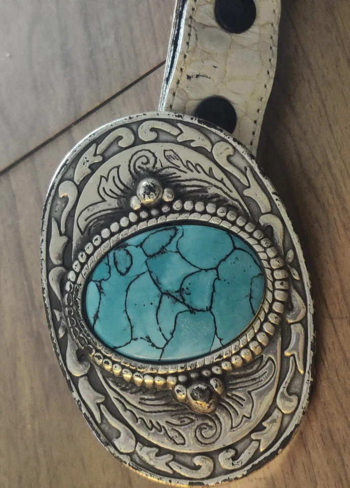 VICENZA Genuine Italian CalfSkin with Turquoise Buckle Silver Belt 35" - Image 3 of 4