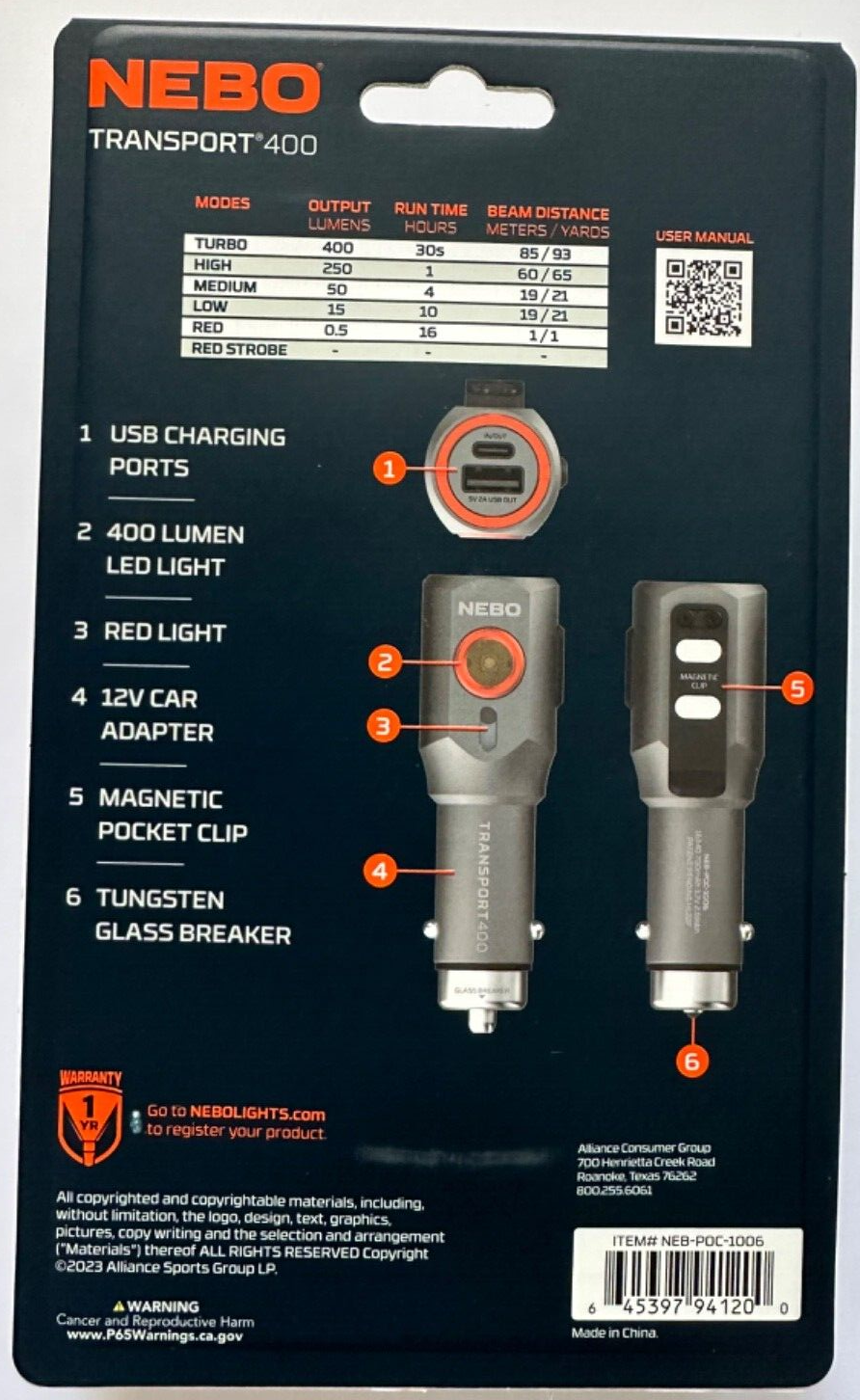 Nebo Transport 400 2in1 Car Charger & Flashlight 400 Lumens POC1006