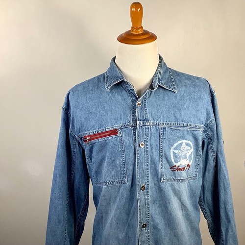 Bugle Boy Denim Shirt L Men's Blue Jeans Button Down print on chest zip Vintage - Picture 2 of 10