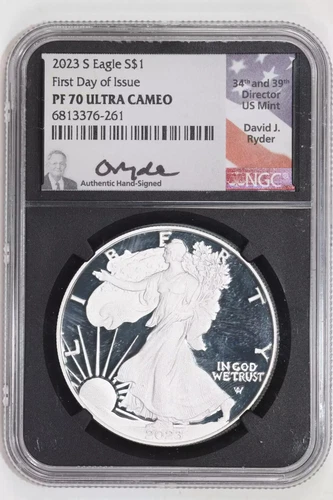 2023-S PROOF SILVER EAGLE NGC PR70 UCAM FDOI RYDER SIGNATURE