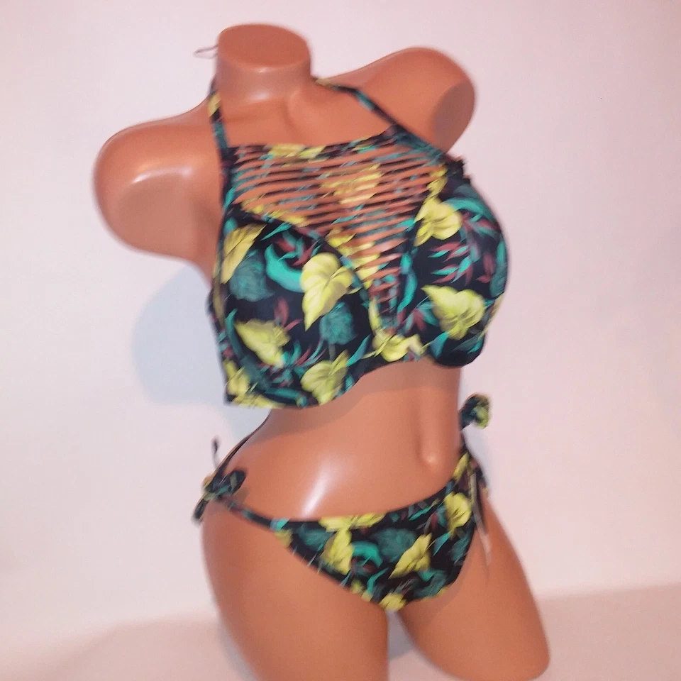 Biquíni de natação Victoria Secret 38C top XL parte inferior push up preto verde tropical - Imagem 2 de 4