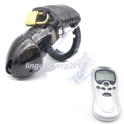 Black Electro Male Chastity Device Adjustable Cuff E-stim Ring Locking Belt Cage