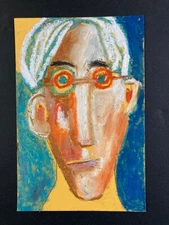 Portrait Painting Naive Outsider 4x6 Wall Art Expressive Man Glasses Miz Katie