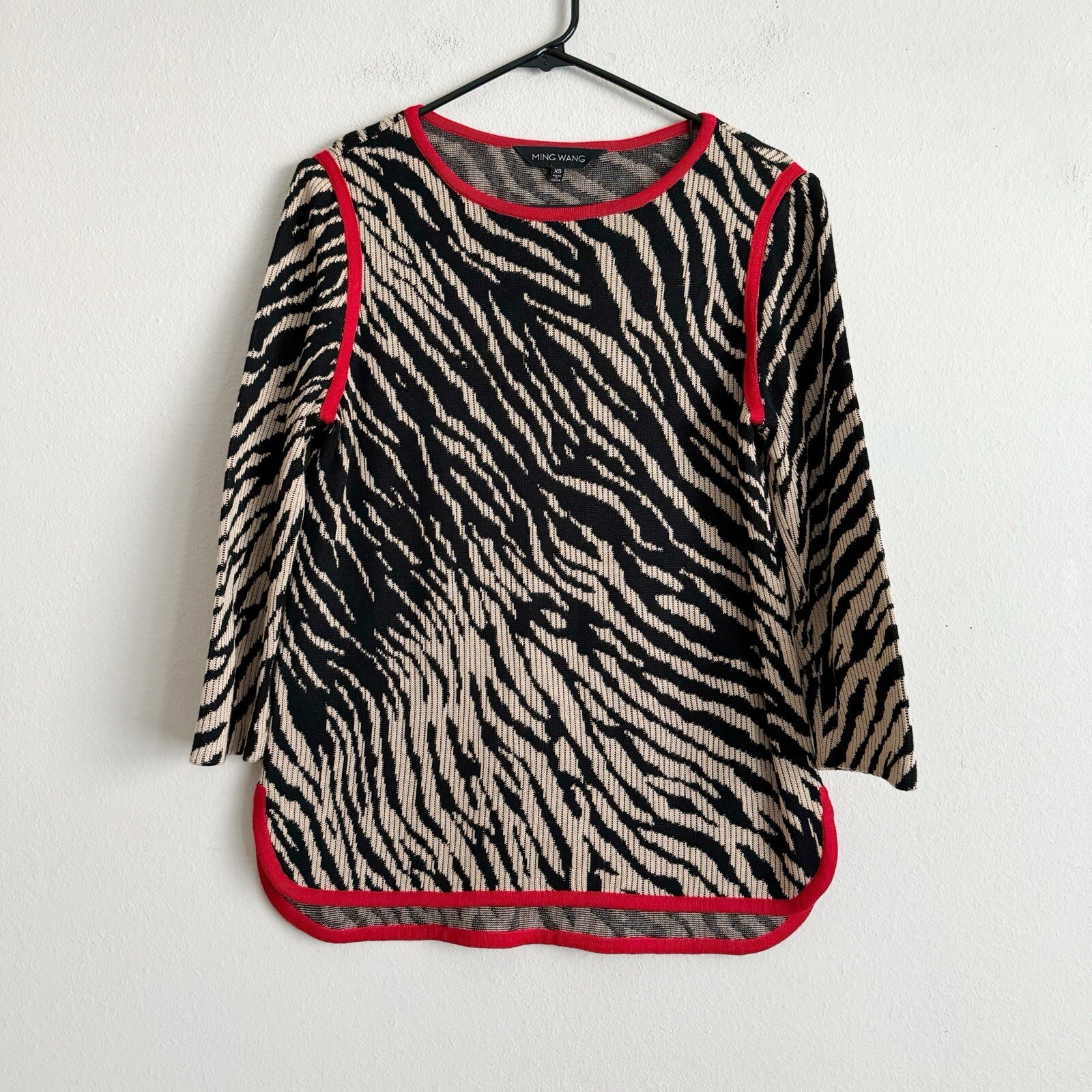 MING WANG Animal Print Red Piping Knit Top Sweater Size XS