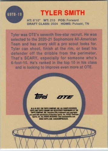 2021-22 Topps Chrom Overtime Elite #69TB-19 Tyler Smith 1969 Topps Basketball - Bild 2 von 2