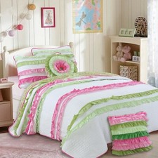 Pink Green Chic Ruffle Girl Cotton Quilt Set, Bedspread, Coverlet