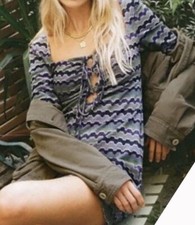 NEW ZARA Purple/Green Metallic Geo Striped Tie Front Long Sleeve Dress (Size S)