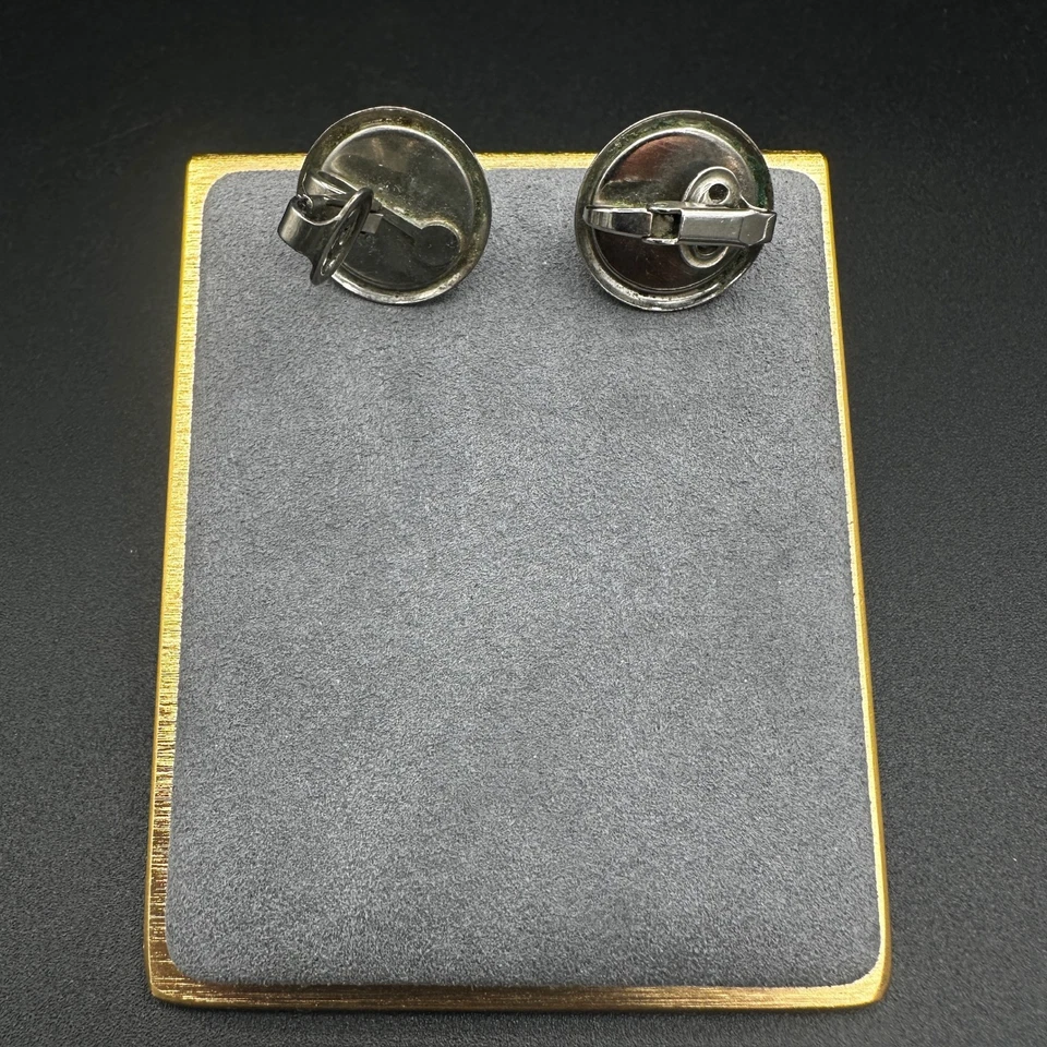 Vintage Round Black Onyx and Silver tone Clip On Stud Earrings Women Y2K 90s 80s - Image 3 of 4