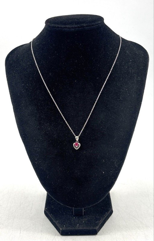 925 Sterling Silver 17.5" Ruby/CZ Heart Necklace 2.1g
