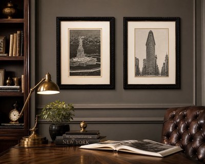 Trowbridge NYC Framed Prints~VTG~Pair Statue Liberty & Flatiron Art