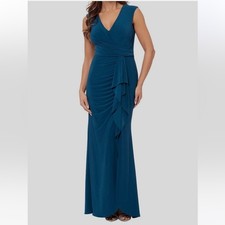 Betsy  Adam Teal Blue V-Neck Lined Ruffle Front Scuba Crepe Dress - Reemoly