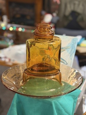 Blenko Style Amber Glass Decanter and Platter with Etched Floral Design 1960s