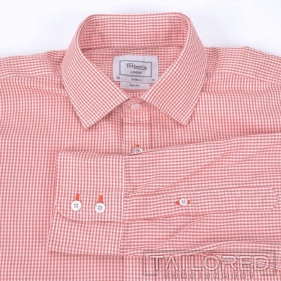 T.M. LEWIN Red Plaid Check Cotton Mens Luxury Slim Fit Dress Shirt - 16
