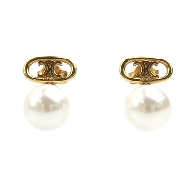 Auth CELINE Pierce Earrings Gold/White Metal/Faux Pearl - r10476j