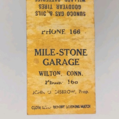Vintage Matchbook Cover Mile-Stone Garage Wilton CT Sunoco Auto Service Station